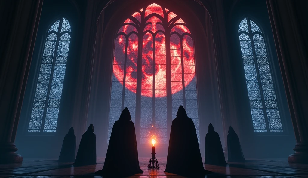 8k、 big red moon ,zoom up, large stained glass(number々の賞を受賞したmasterpiece、Incredible detail、Texture、Maximum details),blue flame candle, (summoning magic),(The moonlight at night is beautiful), (Demon King's Castle),(dark organization)arafed image of a group of people in a church with candles,lit candle, dark cinematic concept art, elegant cinematic fantasy art, photorealistic dark concept art, by Beeple, dark robes, wojtek fus, gothic epic library concept, gothic epic library, epic cinematic concept art, dark concept art, Beeple and mike winkelmann, symmetrical epic fantasy art, High resolution, masterpiece, Highest quality, Intricate details, Very detailed, Clear focus, practical skin texture, texture, Shot with Canon, 85mm, Shallow and deep, Kodak Vision Color, Exactly, Very detailed, photograph_\(Extremist\), photographpractical, practical, Post-processing, Maximum details, Roughness, Real Life, Extremist practical, Photorealism, photographgraphy, 8K Ultra HD, photographgraphy