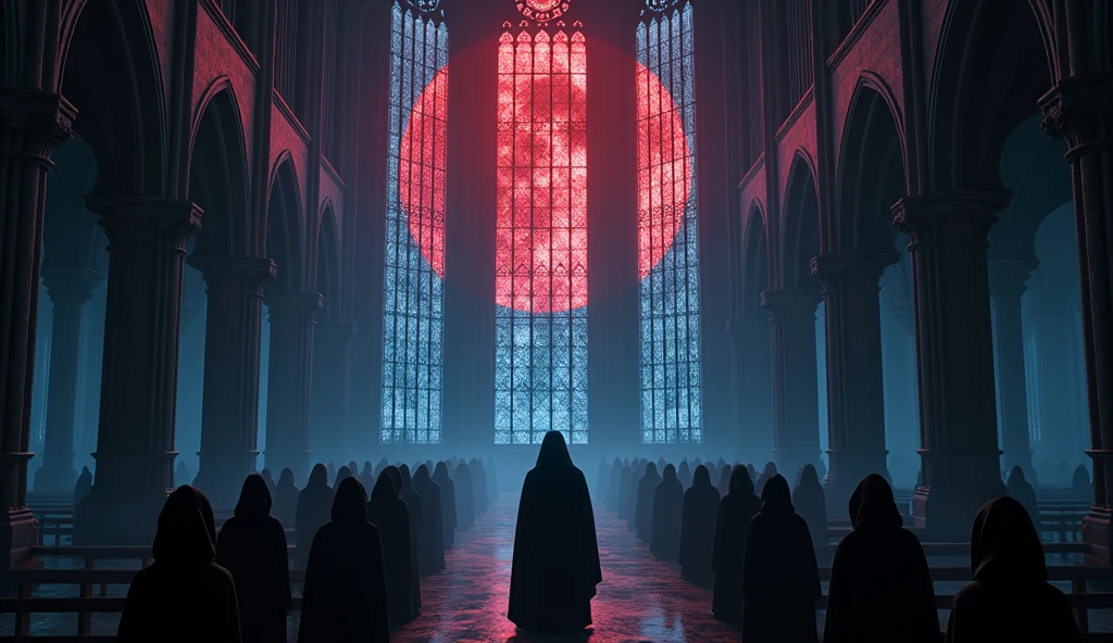 8k、 big red moon ,zoom up, large stained glass(number々の賞を受賞したmasterpiece、Incredible detail、Texture、Maximum details),blue flame candle, (summoning magic),(The moonlight at night is beautiful), (Demon King's Castle),(dark organization)arafed image of a group of people in a church with candles,lit candle, dark cinematic concept art, elegant cinematic fantasy art, photorealistic dark concept art, by Beeple, dark robes, wojtek fus, gothic epic library concept, gothic epic library, epic cinematic concept art, dark concept art, Beeple and mike winkelmann, symmetrical epic fantasy art, High resolution, masterpiece, Highest quality, Intricate details, Very detailed, Clear focus, practical skin texture, texture, Shot with Canon, 85mm, Shallow and deep, Kodak Vision Color, Exactly, Very detailed, photograph_\(Extremist\), photographpractical, practical, Post-processing, Maximum details, Roughness, Real Life, Extremist practical, Photorealism, photographgraphy, 8K Ultra HD, photographgraphy