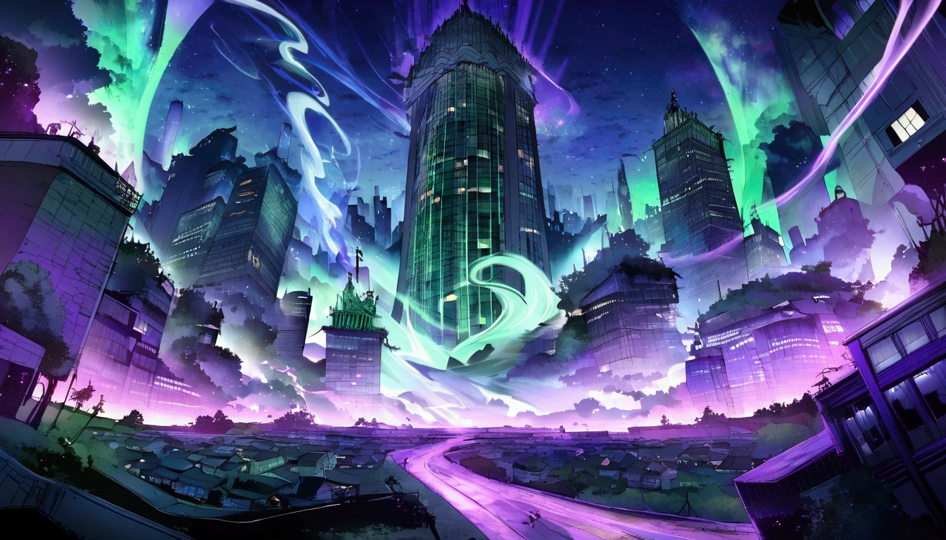 Transforming cityscape, buildings shifting and roads rearranging, Max and Sarah collapsing in foreground, anime neo-noir style like 'Death Note', surreal dream-like lighting, swirling purples and greens with flashes of white