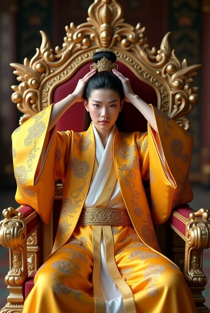 (Perfect details: 1.5, 8K wallpaper, masterpiece, best quality, ultra-detailed) A man, emperor, delicate facial features, Asian face, short black hair, fine hair, tied hair, golden silk embroidered dragon robe, Hanfu, sitting on a dragon chair, hands on the head, palace background, ancient golden emperor crown