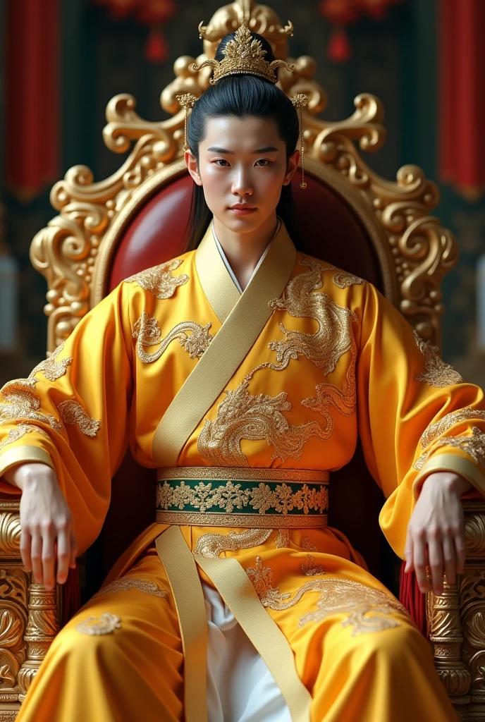 (Perfect details: 1.5, 8K wallpaper, masterpiece, best quality, ultra-detailed) A man, emperor, delicate facial features, Asian face, short black hair, fine hair, tied hair, golden silk embroidered dragon robe, Hanfu, sitting on a dragon chair, hands on the head, palace background, ancient golden emperor crown