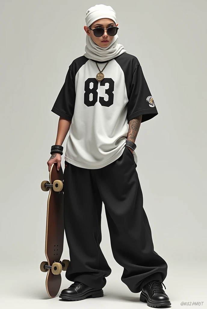 Make me a (bald) person dressed with a white scarf on the head, a wide baseball t-shirt with the white number "83" in the center and that is in black, gray and white tones, also some wide baggy pants and with white sneakers with black and who has a skate