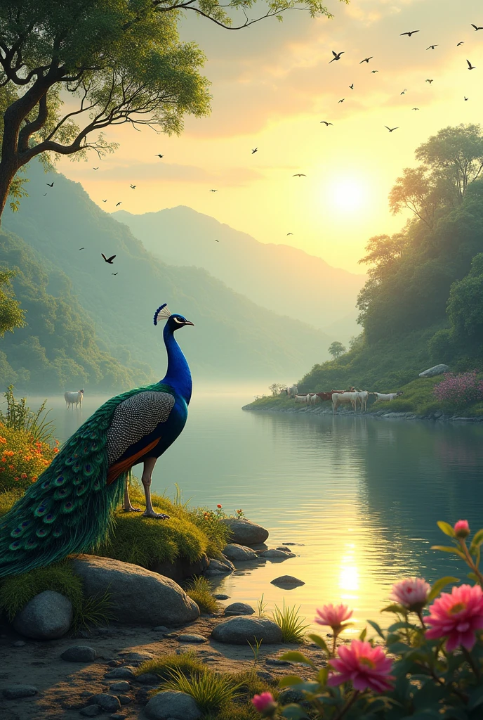 Vrinda van in Yamuna river in Front of the hills trees , peacock on ground flowers sun rise and birds cows