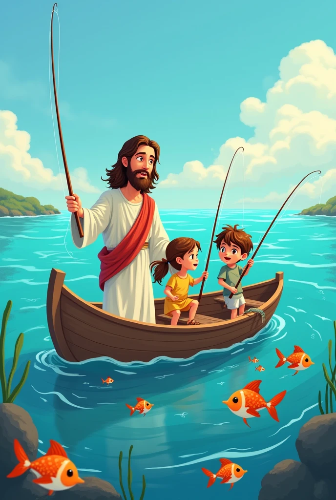 Cartoon of Jesus with a girl and a boy fishing in a boat and fish in the sea