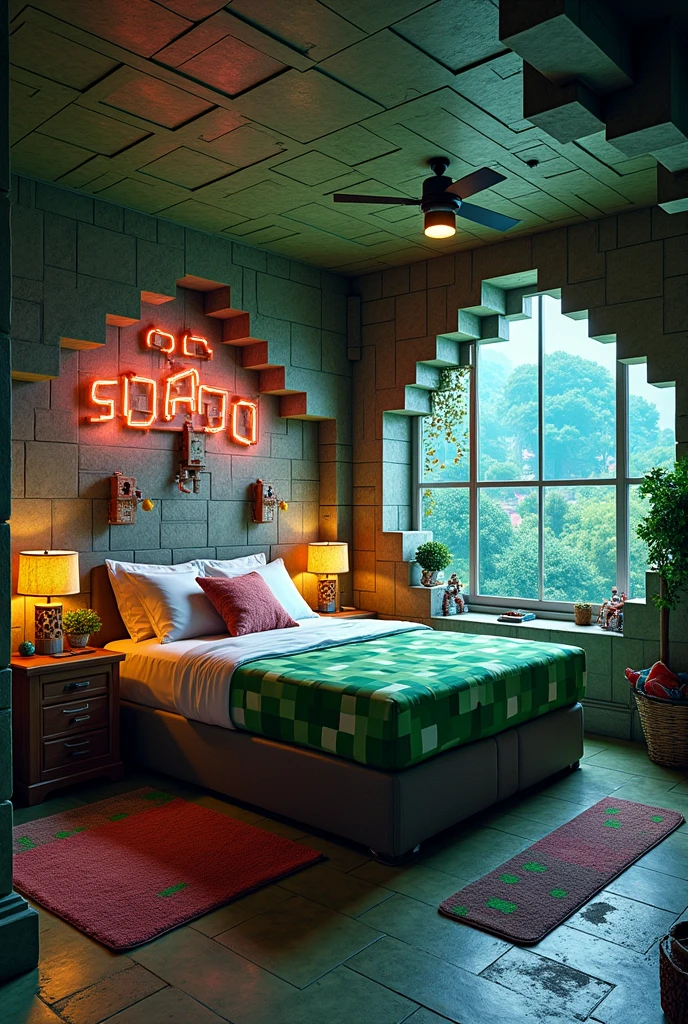 Imagine an amazing unique Minecraft inspired room with a bed that will make you feel like you're in the world of Minecraft.