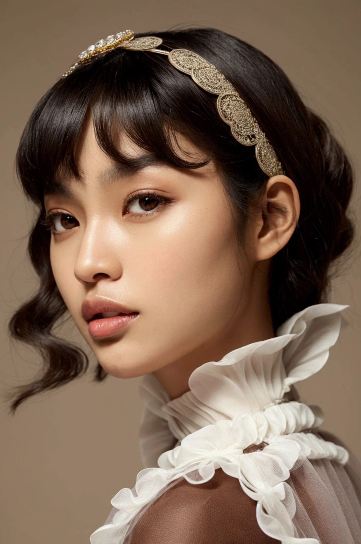 black woman with oval face, voluminous black curly hair with bangs, witch, poured brown
