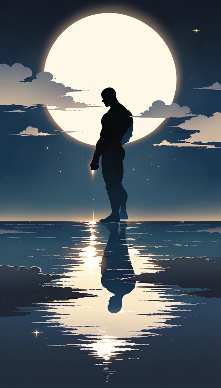 A Strong Buddhist muscular man stands in the smoke, Black jumpsuit, Very tight, Silhouette effect, Tall muscular man, Priapus, Dark Black, Dark black skin, Buzz Cut, His muscles are very developed, Very tall, short hair, Blend into the smoke, Lake, Reflection, Stars, moonlight, Big Moon, Man silhouette, Chinese, black and white, Simple style