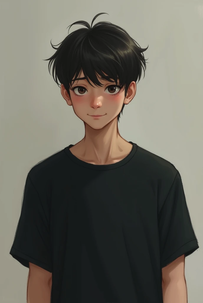 A boy wear a black shirt and alone sad fake smile age  to 18 