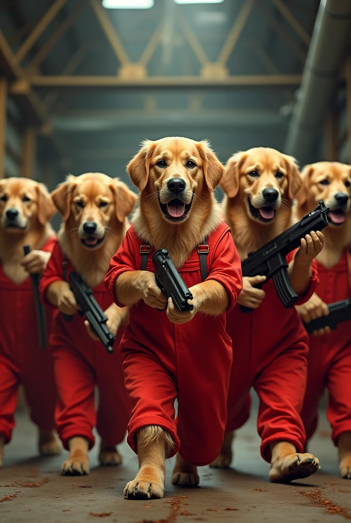 La casa de papel series with seven golden retrievers with red overalls and weapons