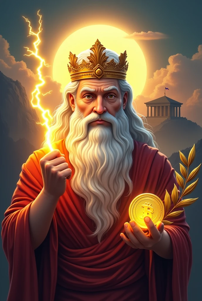 Money luck account icon。At the center is the supreme god of Greek mythology、Zeus is depicted。Zeus is a middle-aged man、He has a thick layer of white hair and a magnificent beard.、It has a dignified look。His eyes are intense、It has a sharp shine, like a bolt of lightning.。On Zeus&#39; head、Golden crown shines、It symbolizes his power and authority.。In the background、Mount Olympus and the temple at its summit are faintly silhouetted.、It emphasizes the divinity and dominance of Zeus.。In the hands of Zeus、A bolt of golden lightning is held、In the other hand he holds a golden olive branch, symbolizing abundance and peace.。The whole background is、It is made up of a gradation of gold and deep blue.、It creates a mysterious and solemn atmosphere.。The overall design is、Symbolizes strength and abundance、It emphasizes the image of attracting financial luck.。