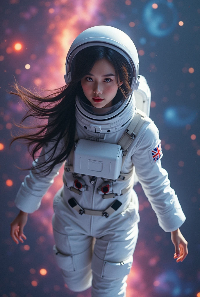 8k Beautiful Asian woman, dressed in astronaut suit, floating in space, with bright universe colors