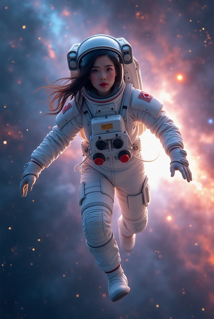 8k Beautiful Asian woman, dressed in astronaut suit, floating in space, with bright universe colors