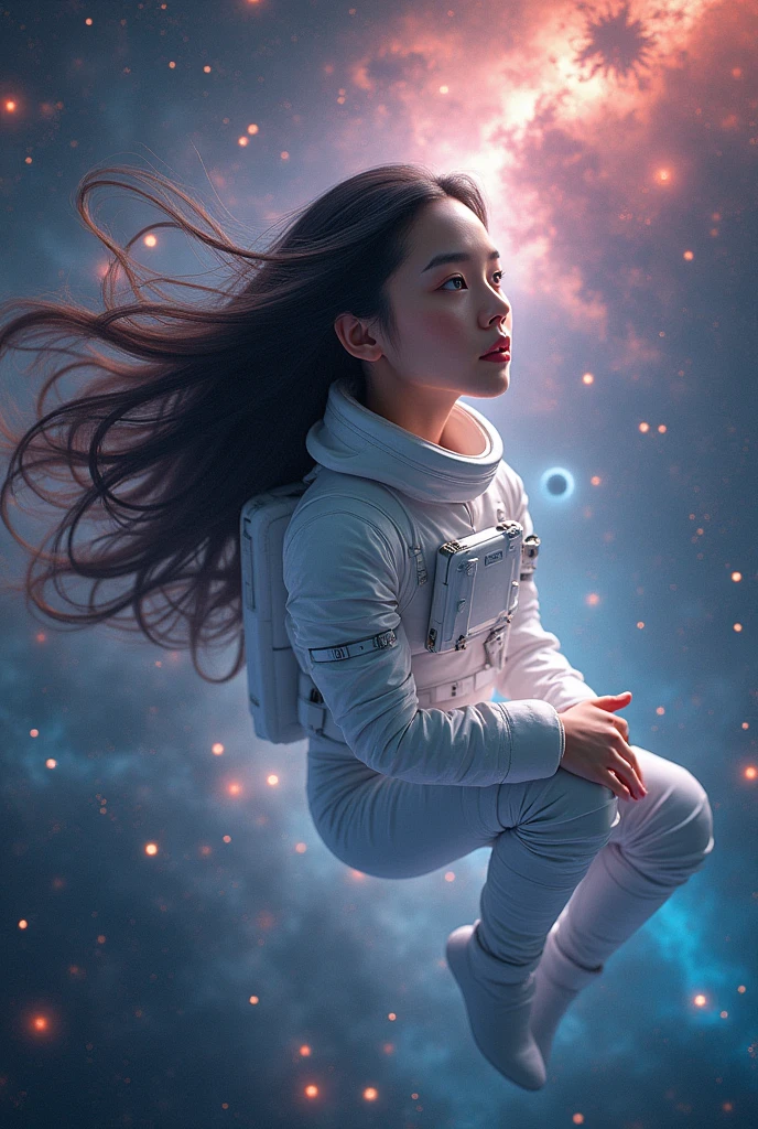 8k Beautiful Asian woman, dressed in astronaut suit, floating in space, with bright universe colors