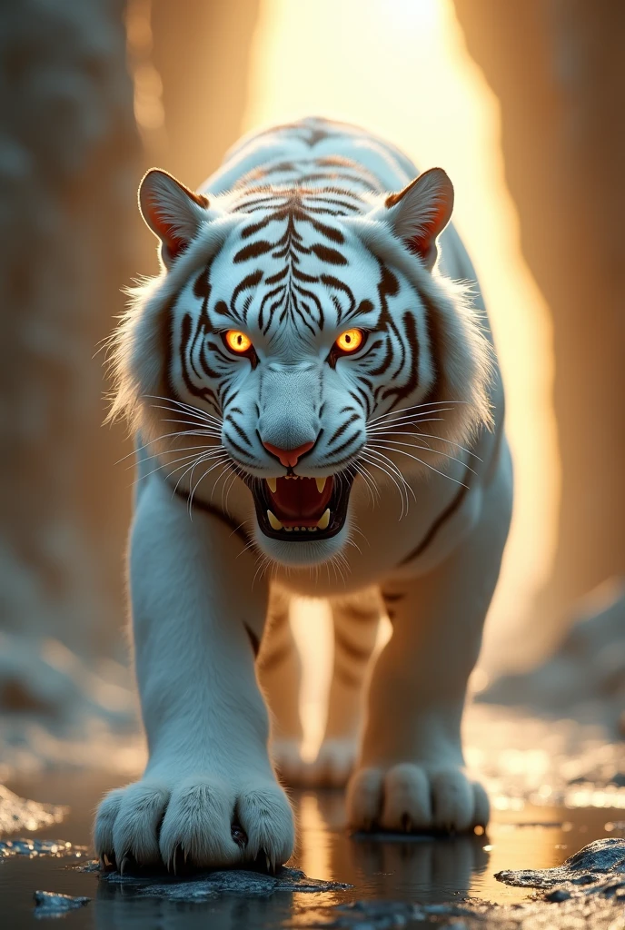 Light and dark contrast, Divine Light, Cleavage close-up, From below, Hyper HD, Acura, masterpiece, Super Detail, high quality, High detail, Awards, The best quality at its best, High resolution, 8k ,
((A close-up of the mythical white tiger's entire body)), Sacred beasts from the Shanhaijing, Perfect body, Transparent Hair, Angry Eyes,Metal properties,(Has white fur and paws),Big Yellow Cave Well,,masterpiece,超High resolution,Exquisite details create stunning images, Spectacular Effects