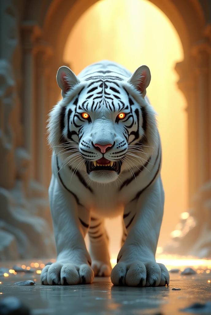 Light and dark contrast, Divine Light, Cleavage close-up, From below, Hyper HD, Acura, masterpiece, Super Detail, high quality, High detail, Awards, The best quality at its best, High resolution, 8k ，
((A close-up of the mythical white tiger&#39;s entire body))， Sacred beasts from the Shanhaijing, Perfect body, Transparent Hair, Angry Eyes，Metal properties，（Has white fur and paws），Big Yellow Cave Well，,masterpiece,超High resolution,Exquisite details create stunning images, Spectacular Effects