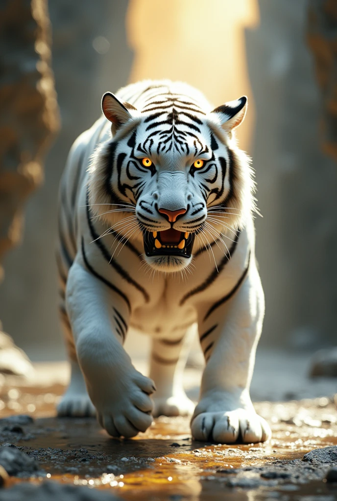 Light and dark contrast, Divine Light, close-up, From below, Hyper HD, Acura, masterpiece, Super Detail, high quality, High detail, Awards, The best quality at its best, High resolution, 8k ,
((A close-up of the mythical white tiger's entire body)), Sacred beasts from the Shanhaijing, Perfect body, Transparent Hair, Angry Eyes,Metal properties,(Has white fur and paws),Big Yellow Cave Well,,masterpiece,超High resolution,Exquisite details create stunning images, Spectacular Effects