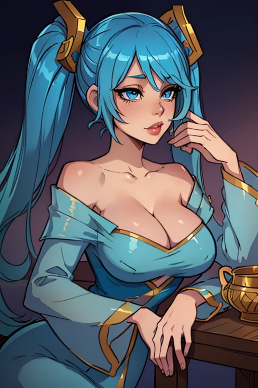 masterpiece, best quality, 1girl, Sona \(league of legends\), blue hair, blue eyes, gradient hair, collarbone, twintails, hair ornament, long hair, blue dress, breasts, close-up, portrait