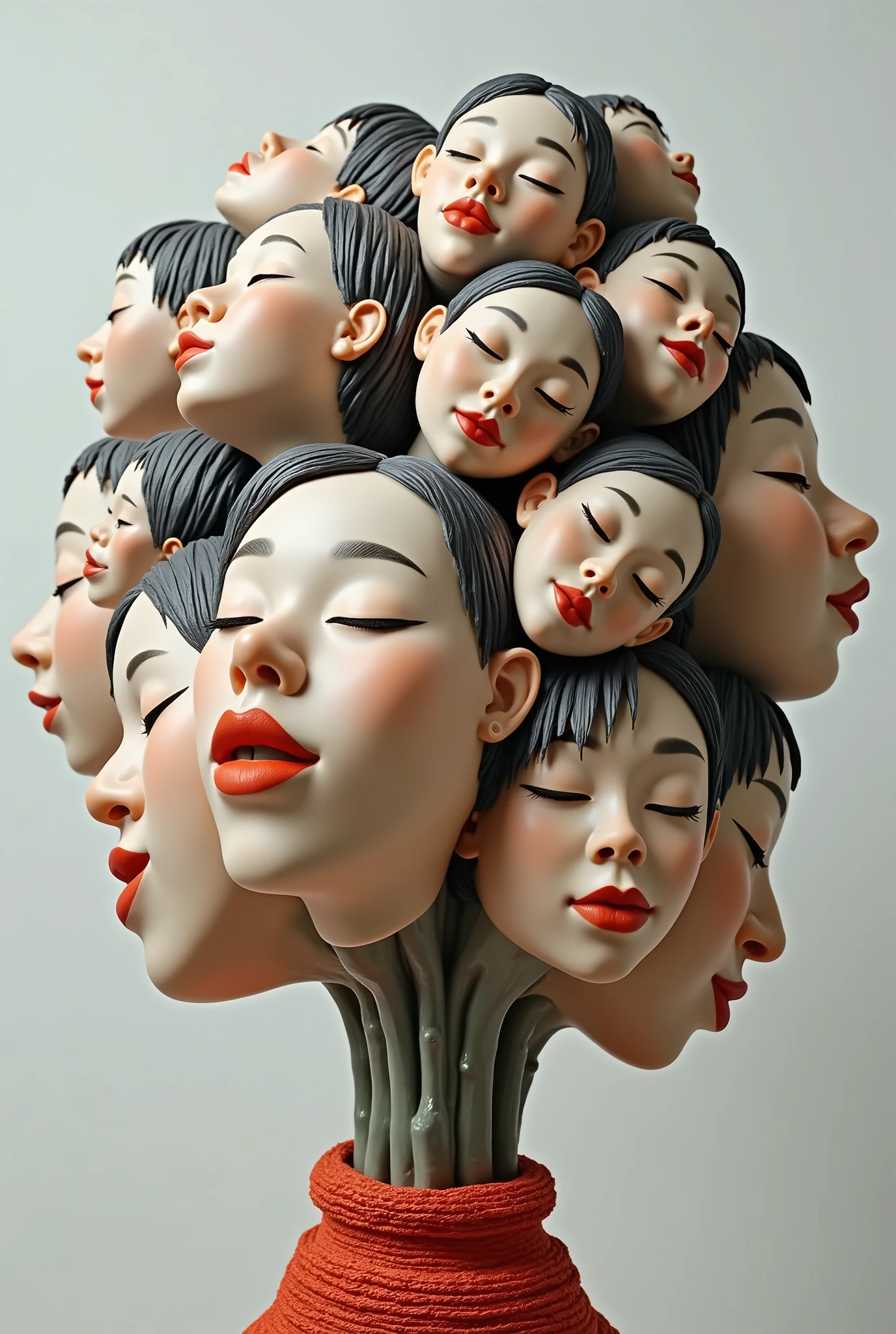 Expressionist artwork images of multiple floating ceramic heads of korean women, 3d collage style, make it weird and gallery worthy
