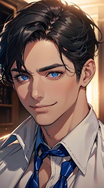 a mature man with short grey Black hair, blue eyes, 31 years, and a perfect face, smiling in love, CEO, cinematic lighting, 1:4 HDR image, top view, ultra detailed, best quality, masterpiece, 8K, photorealistic, beautiful image
