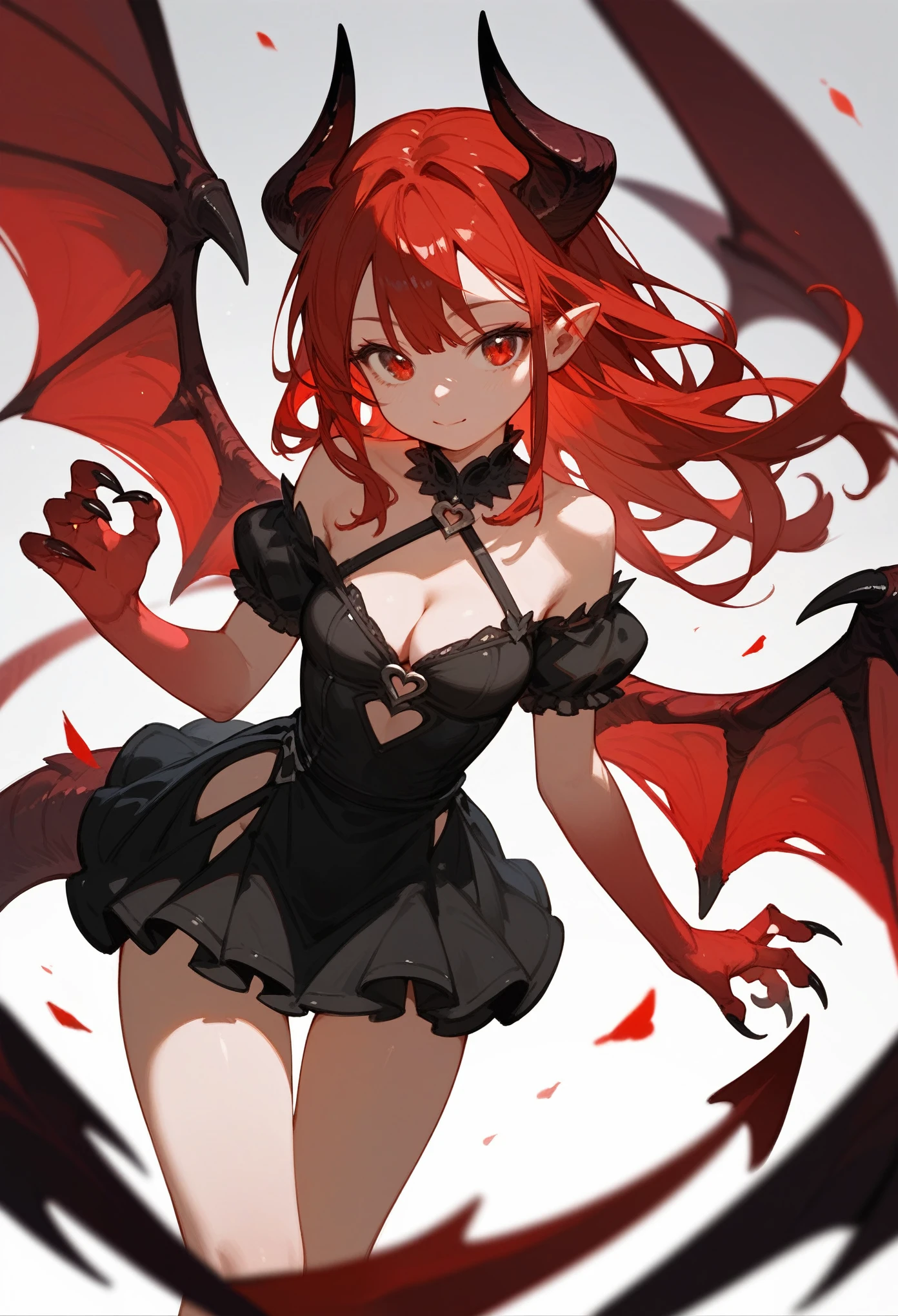(score_9,score_8_up,score_7_up),1girl,girl demon,red hair,red eyes,wings,claws,black dress,beautiful_face,kid, cleavage, thigh, short skirt