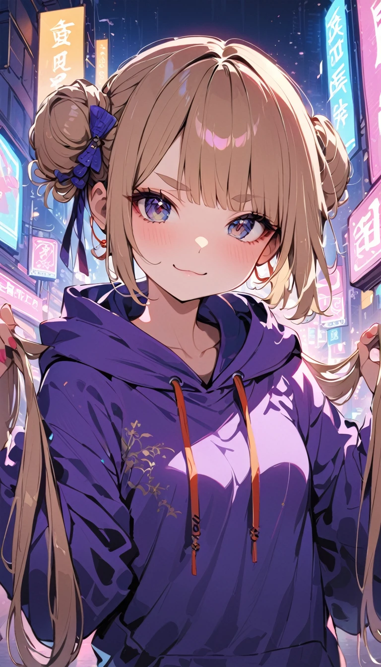 (((masterpiece, Highest quality, One person, alone))), (((two side bun hairstyle, Light Brown Hair,Lift all the hair on the sides, Very short, round eyebrows:1.8, bangs, Beautiful Eyes, Droopy eyes:1.2, Black Eyes))), (smug face, :3 face, smug face, Close your mouth, Red round cheeks, Mouth ω) View your viewers, 1, (((Navy blue Chinese style hoodie, Purple hoodie strings), Dark blue long boots)), Small breasts, ((whole body, arms behind)), from the front, full moon, A city full of neon lights in China, Many faint particles of light on the entire screen,