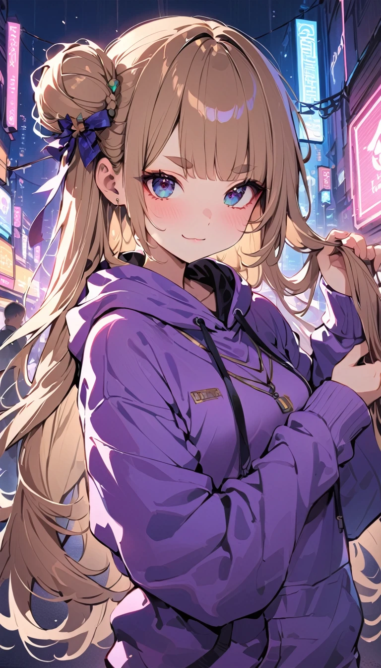 (((masterpiece, Highest quality, One person, alone))), (((two side bun hairstyle, Light Brown Hair,Lift all the hair on the sides, Very short, round eyebrows:1.8, bangs, Beautiful Eyes, Droopy eyes:1.2, Black Eyes))), (smug face, :3 face, smug face, Close your mouth, Red round cheeks, Mouth ω) View your viewers, 1, (((Navy blue Chinese style hoodie, Purple hoodie strings), Dark blue long boots)), Small breasts, ((whole body, arms behind)), from the front, full moon, A city full of neon lights in China, Many faint particles of light on the entire screen,