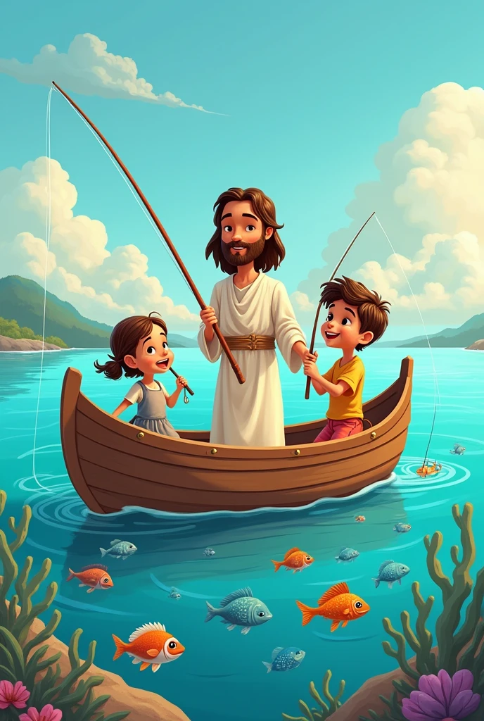 Cartoon of Jesus with a girl and a boy fishing in a boat and fish in the sea 