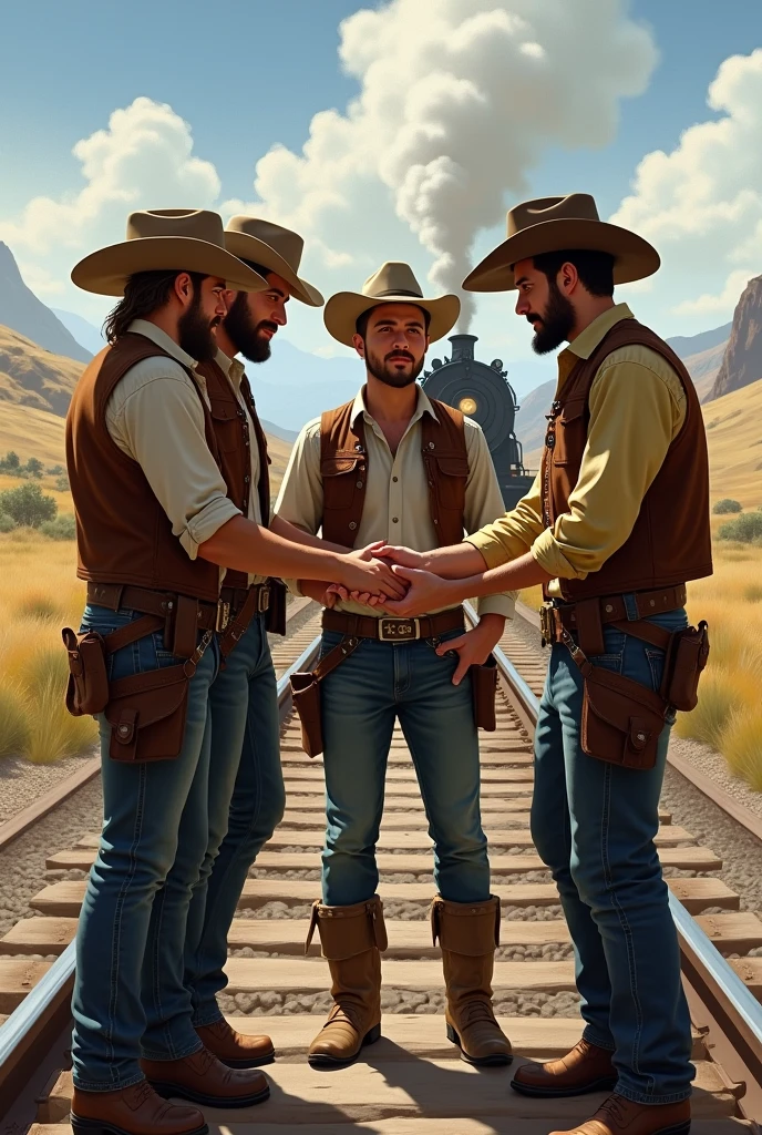 4 handsome cowboy men say goodbye to a handsome young friend who is going on a trip to a train