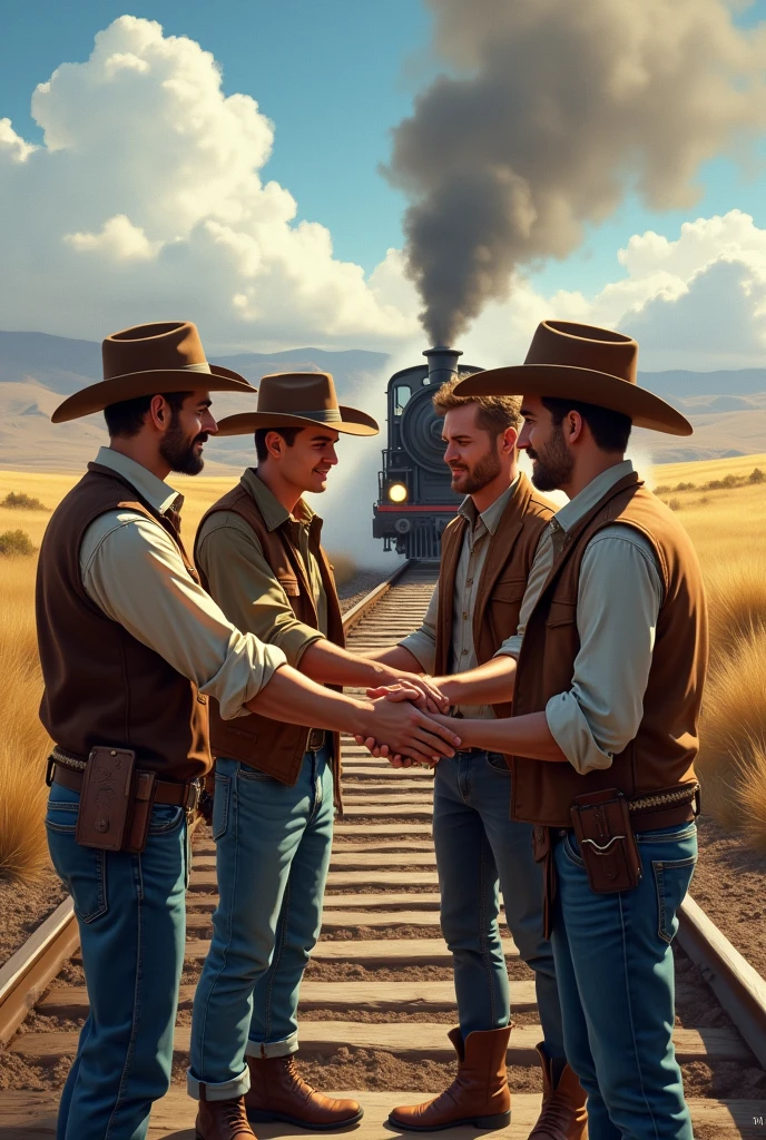 4 handsome cowboy men say goodbye to a handsome young friend who is going on a trip to a train