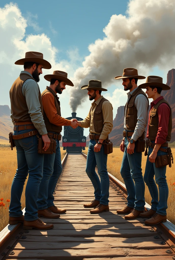4 handsome cowboy men say goodbye to a handsome young friend who is going on a trip to a train