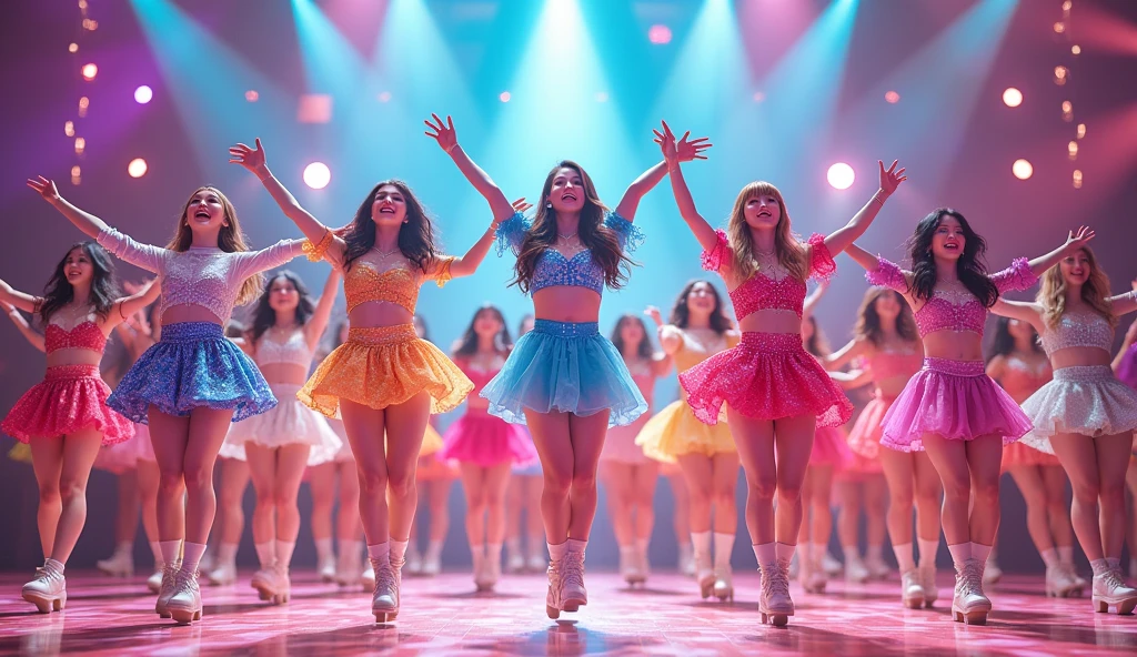 48 women, Japanese idol, kawaii, happy, smile, singing, dancing, on stage, colorful lighting,jumping