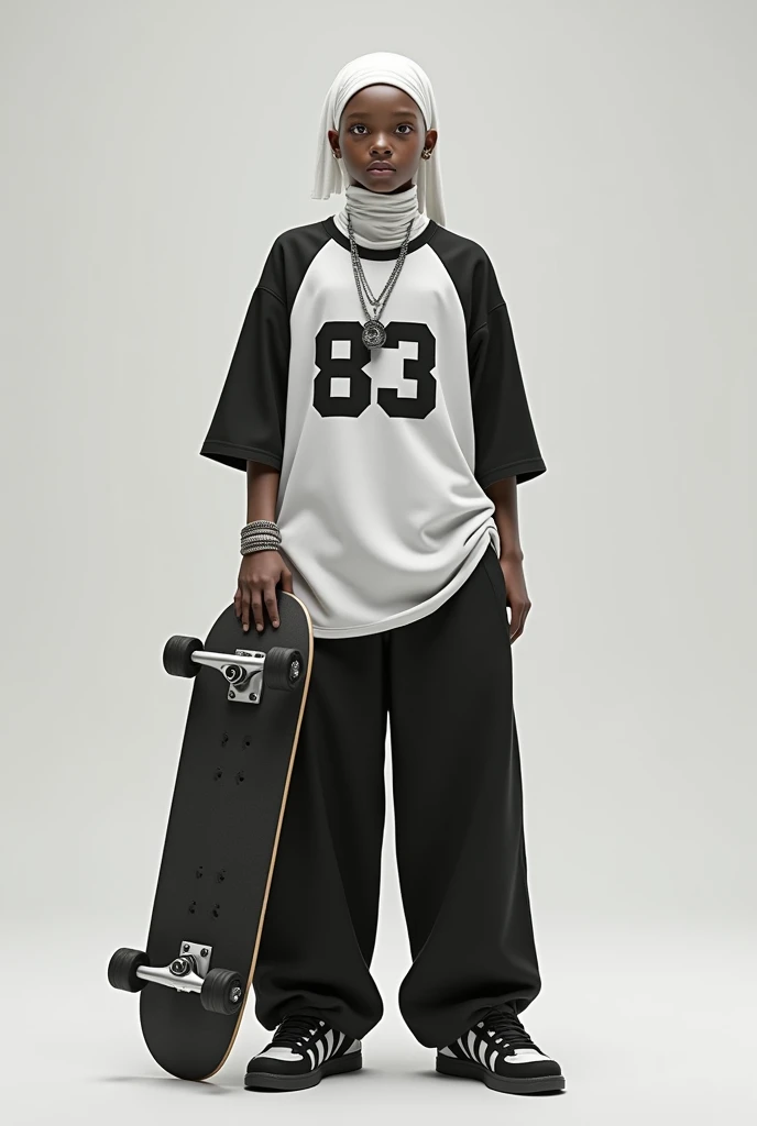 Make me a (bald) person dressed with a white scarf on the head, a wide baseball t-shirt with the white number "83" in the center and that is in black, gray and white tones, also some wide baggy pants and with white sneakers with black and who has a skate