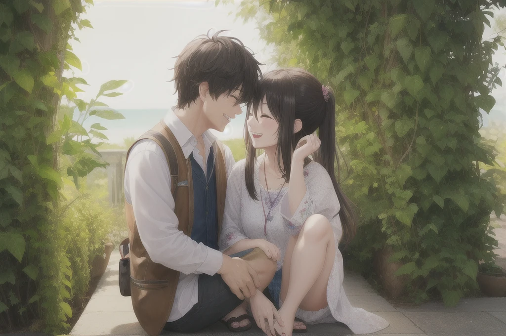 Two people are chatting happily