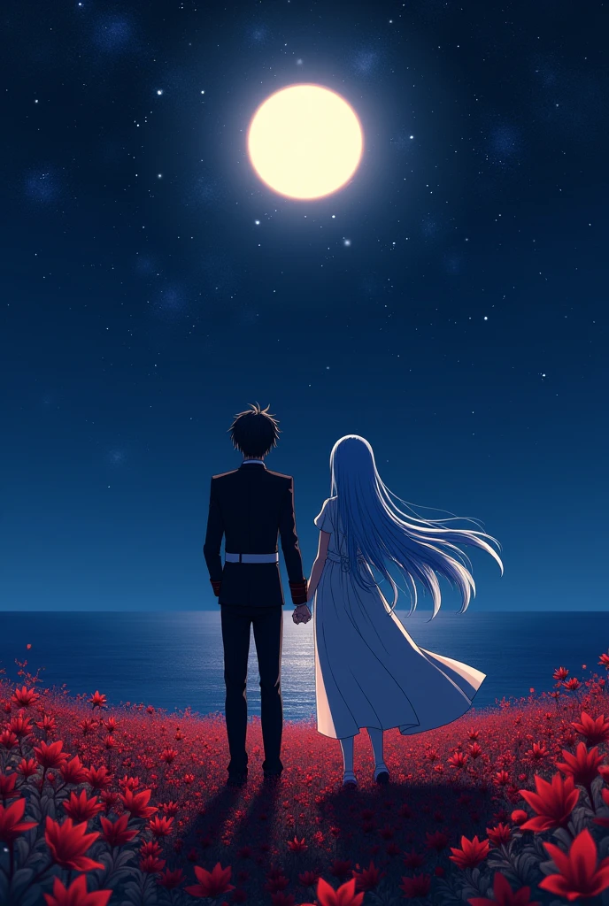 Two anime characters based on 86 anime, wearing military gala uniform, 1 male with black hair and female with very light sky blue long hair, standing from a distance on a field of small red lilyspider flowers looking up to the starry night sky with big moon and big stars, near a sea