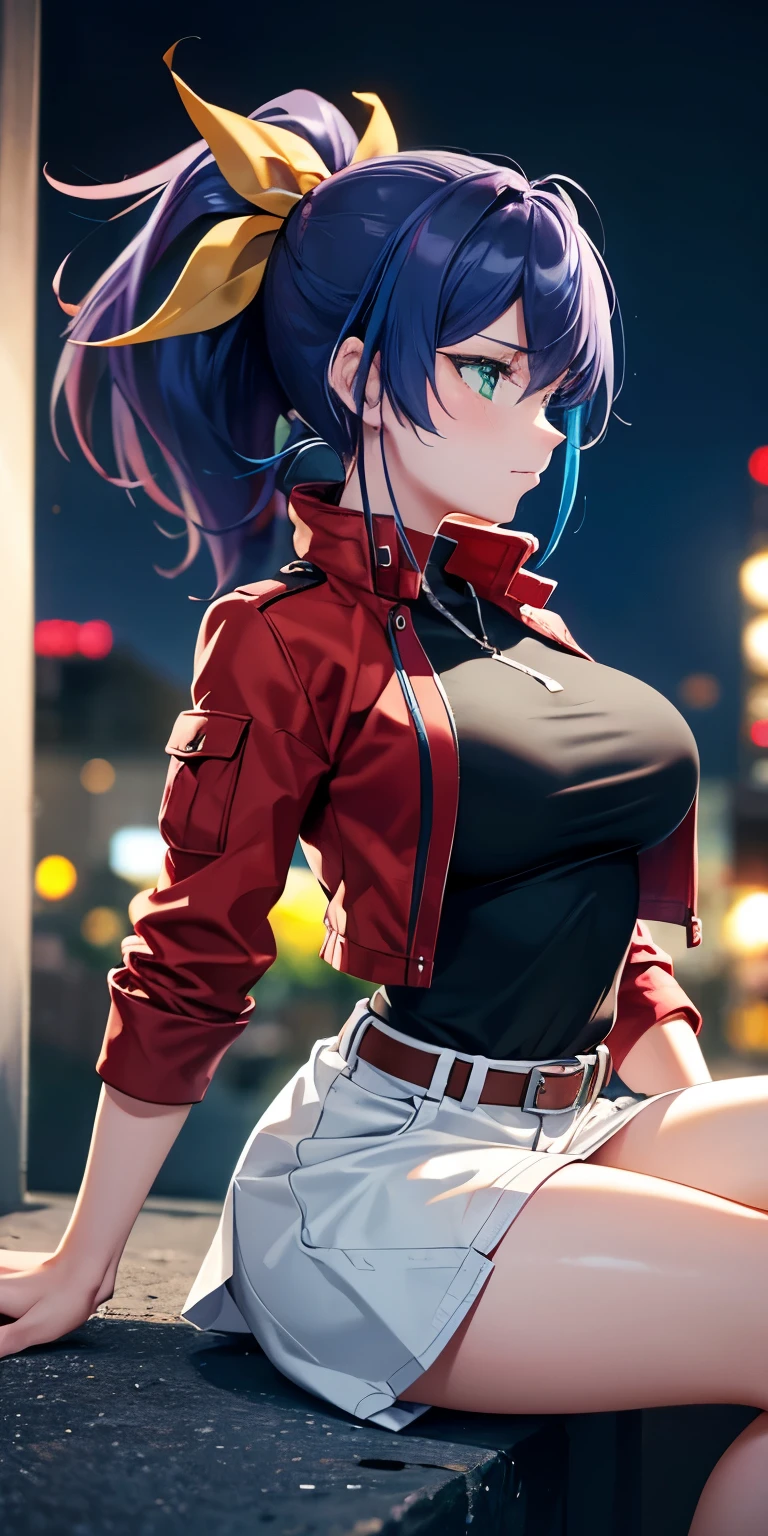 1 Female,High definition,high resolution,Ultra-realistic,8K, aaserena, ponytail,(multicolored hair),green eyes,red jacket,black shirt,belt,white skirt, tight skirt, miniskirt,European,sexy,Upper body close-up,Photographed from the front,Dynamic Angles,private teacher,blush, medium tits ,outdoors, moonlight, dark sky, buildings,full body,4k, ultra high definition, perfect face, detailed face , (profile view), sitting ,(pov, closed shot:1.2)