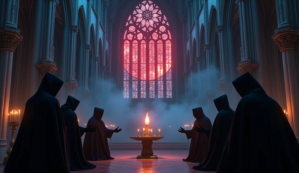 8k、 big red moon ,zoom up, large stained glass(number々の賞を受賞したmasterpiece、Incredible detail、Texture、Maximum details),blue flame candle, (summoning magic),(The moonlight at night is beautiful), (Demon King's Castle),(dark organization)arafed image of a group of people in a church with candles,lit candle, dark cinematic concept art, elegant cinematic fantasy art, photorealistic dark concept art, by Beeple, dark robes, wojtek fus, gothic epic library concept, gothic epic library, epic cinematic concept art, dark concept art, Beeple and mike winkelmann, symmetrical epic fantasy art, High resolution, masterpiece, Highest quality, Intricate details, Very detailed, Clear focus, practical skin texture, texture, Shot with Canon, 85mm, Shallow and deep, Kodak Vision Color, Exactly, Very detailed, photograph_\(Extremist\), photographpractical, practical, Post-processing, Maximum details, Roughness, Real Life, Extremist practical, Photorealism, photographgraphy, 8K Ultra HD, photographgraphy