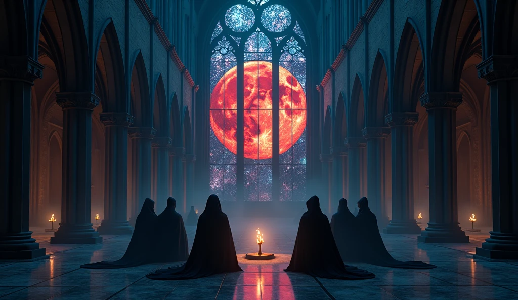 8k、 big red moon   ,zoom up, large stained glass(number々の賞を受賞したmasterpiece、Incredible detail、Texture、Maximum details),blue flame candle, (summoning magic),(The moonlight at night is beautiful), (Demon King&#39;s Castle),(dark organization)arafed image of a group of people in a church with candles,lit candle, dark cinematic concept art, elegant cinematic fantasy art, photorealistic dark concept art, by Beeple, dark robes, wojtek fus, gothic epic library concept, gothic epic library, epic cinematic concept art, dark concept art, Beeple and mike winkelmann, symmetrical epic fantasy art, High resolution, masterpiece, Highest quality, Intricate details, Very detailed, Clear focus, practical skin texture, texture,  Shot with Canon, 85mm, Shallow and deep, Kodak Vision Color, Exactly, Very detailed, photograph_\(Extremist\), photographpractical, practical, Post-processing, Maximum details, Roughness, Real Life, Extremist practical, Photorealism, photographgraphy, 8K Ultra HD, photographgraphy
