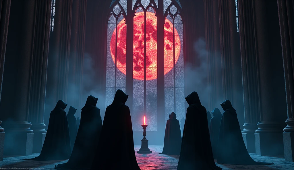 8k、 big red moon ,zoom up, large stained glass(number々の賞を受賞したmasterpiece、Incredible detail、Texture、Maximum details),blue flame candle, (summoning magic),(The moonlight at night is beautiful), (Demon King's Castle),(dark organization)arafed image of a group of people in a church with candles,lit candle, dark cinematic concept art, elegant cinematic fantasy art, photorealistic dark concept art, by Beeple, dark robes, wojtek fus, gothic epic library concept, gothic epic library, epic cinematic concept art, dark concept art, Beeple and mike winkelmann, symmetrical epic fantasy art, High resolution, masterpiece, Highest quality, Intricate details, Very detailed, Clear focus, practical skin texture, texture, Shot with Canon, 85mm, Shallow and deep, Kodak Vision Color, Exactly, Very detailed, photograph_\(Extremist\), photographpractical, practical, Post-processing, Maximum details, Roughness, Real Life, Extremist practical, Photorealism, photographgraphy, 8K Ultra HD, photographgraphy