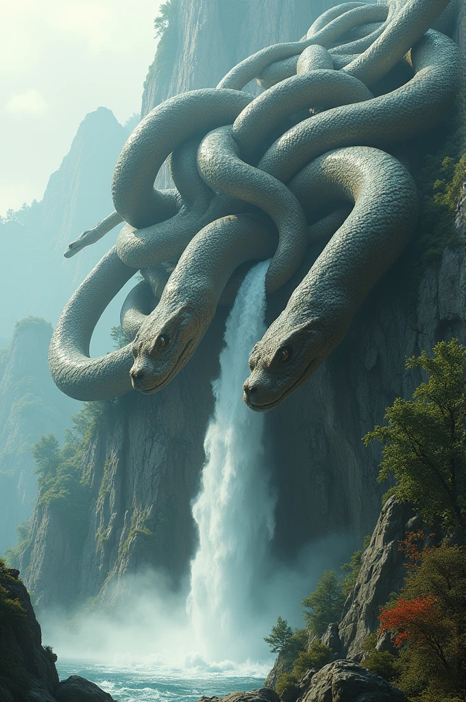 many giant snakes are moving on a mountain, the mountain is smaller than the giant snakes, the heads of the snakes are facing down the waterfall