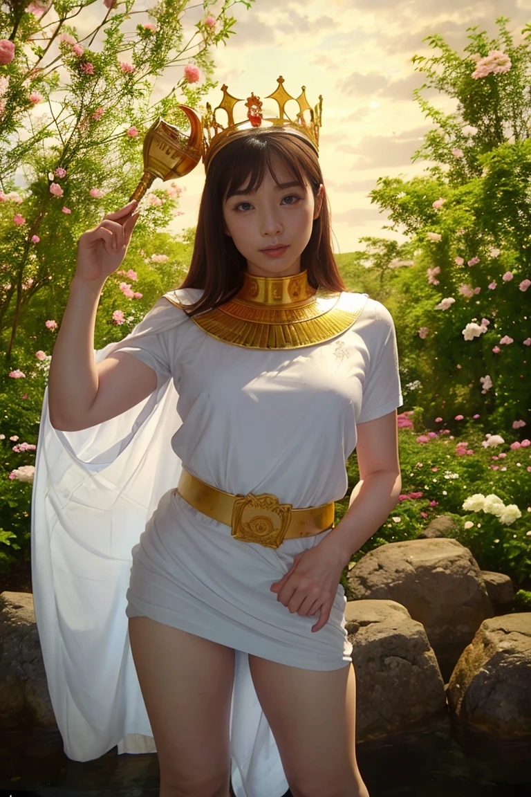goddess, Egypt, Beautiful woman, Stand sideways., ((Bend a little.)), White clothes, The crown is made of flowers., The belt is made of roses., golden sky, Blue Mountains, Green Grass、With a sword and shield