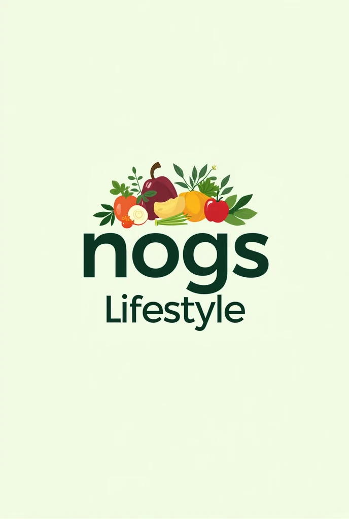 Create a logo that represents a healthy lifestyle for everyday people who balance work, family, and financial responsibilities. The logo should include the words 'Nogs Lifestyle' and feature elements such as fresh fruits, vegetables, subtle fitness icons $like dumbbells or yoga poses$, and a harmonious color palette with greens, blues, and warm tones. The design should feel welcoming, balanced, and realistic—avoiding extreme or overly intense fitness themes.