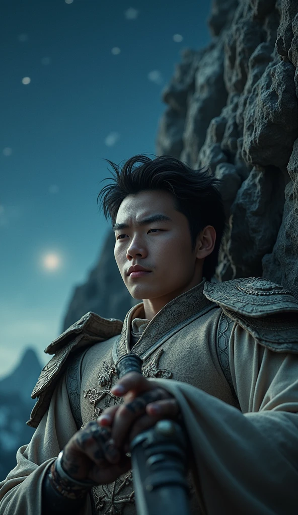 Hu Ge (Best Quality:1.2), (high resolution:1.2), (beautiful face and eye:1.5), (sharpest focus:1.2), (Ultra-realistic Photo:1.2), (Ultra-precise Photo:1.2), (Depth of field:1.2), (8k high resolution:1.2). (perfect anatomy:1.2), Close-up
(nice hands:1.5), (perfect hands:1.5), (cynical smile:1.5), (A very young and beautiful Chinese man:1.0), (lying down quietly with closed sick eyes:1.8), (At the top of a steep rocky mountain:1.8), Thick chest haitness!muscle!
(Stars of Leo twinkling in the night sky:1.5), (Looking down angle:1.5), (holding a drawn sword:1.0), (Chinese warrior with very light armor and beat-up arms:1.0), (Pale complexion:1.5),
