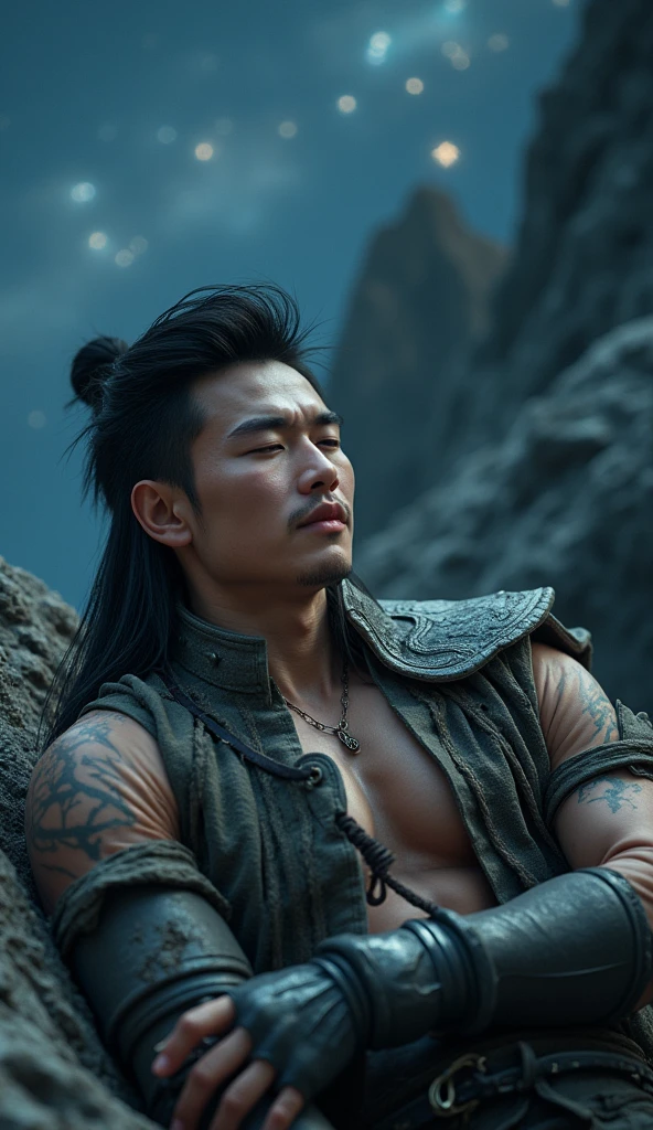 Hu Ge (Best Quality:1.2), (high resolution:1.2), (beautiful face and eye:1.5), (sharpest focus:1.2), (Ultra-realistic Photo:1.2), (Ultra-precise Photo:1.2), (Depth of field:1.2), (8k high resolution:1.2). (perfect anatomy:1.2), Close-up
(nice hands:1.5), (perfect hands:1.5), (cynical smile:1.5), (A very young and beautiful Chinese man:1.0), (lying down quietly with closed sick eyes:1.8), (At the top of a steep rocky mountain:1.8), Thick chest haitness!muscle!
(Stars of Leo twinkling in the night sky:1.5), (Looking down angle:1.5), (holding a drawn sword:1.0), (Chinese warrior with very light armor and beat-up arms:1.0), (Pale complexion:1.5),