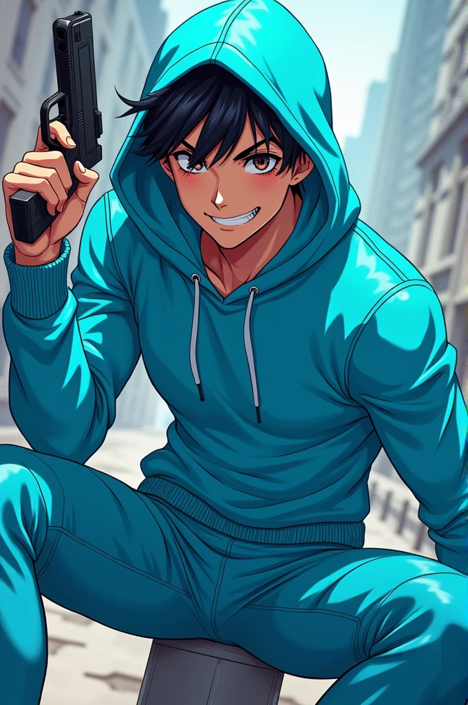 Man anime characters smiling with gun on a hand with cyan hoodie and cyan leggings
