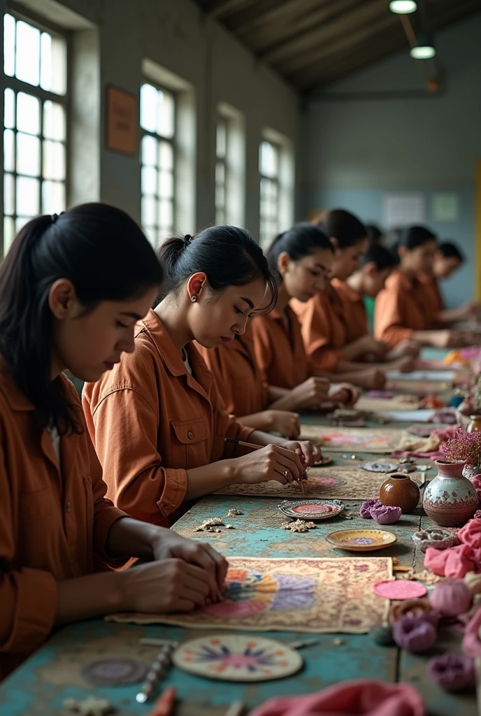 Female prisoners doing crafts in prison