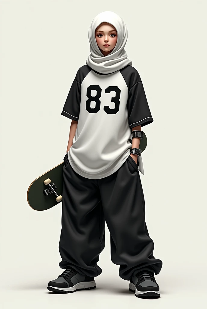 Make me a (bald) person dressed with a white scarf on the head, a wide baseball t-shirt with the white number "83" in the center and that is in black, gray and white tones, also some wide baggy pants and with white sneakers with black and who has a skate