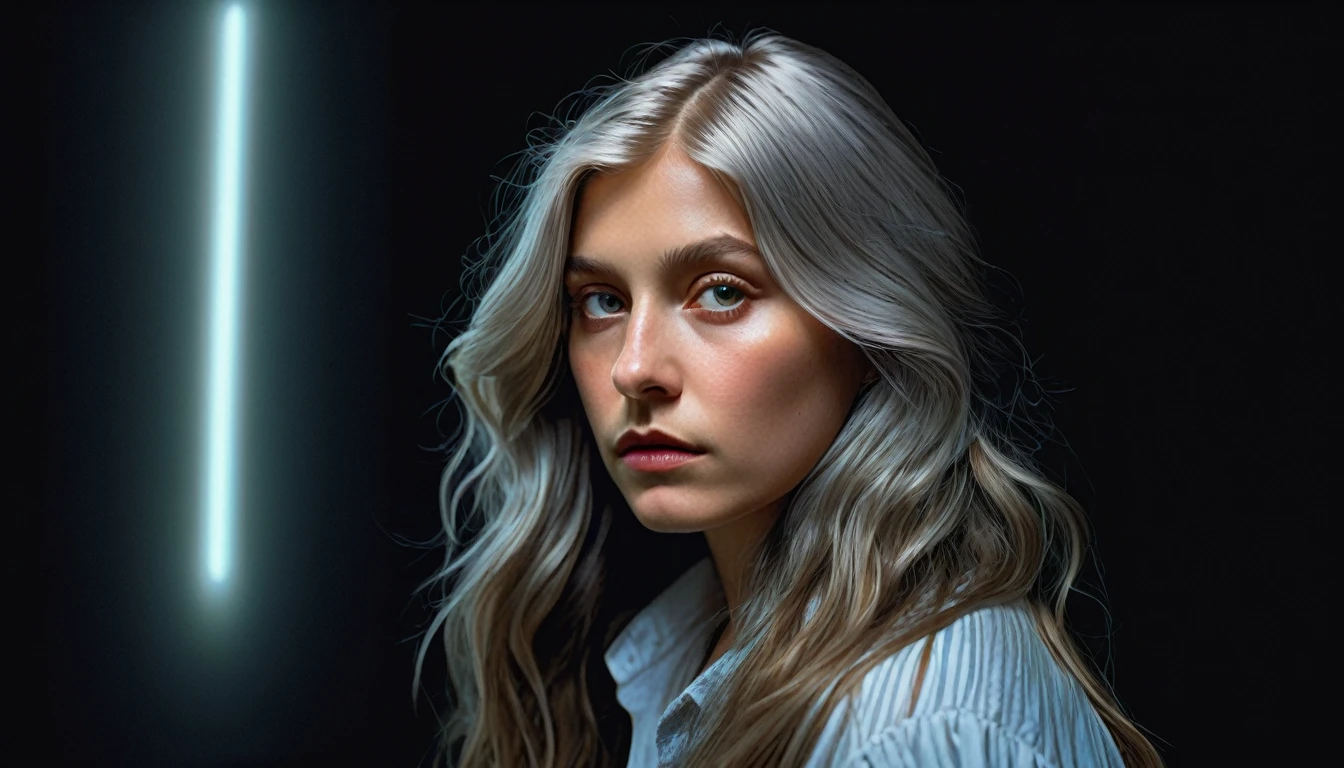 (Front Focus), (In the Dark:1.6), Hyperrealist Female Portrait by David Hockney and Alphonse Mucha, Fantasy art, Photorealistic, Dynamic Lighting, Art Station, Poster, Volumetric lighting, Highly detailed face, 4k yen, Awards, One person, In the Dark, Deep Shadow, Modest, Cowboy Shot, (Official attire:1.4), Long Hair, Gray Hair