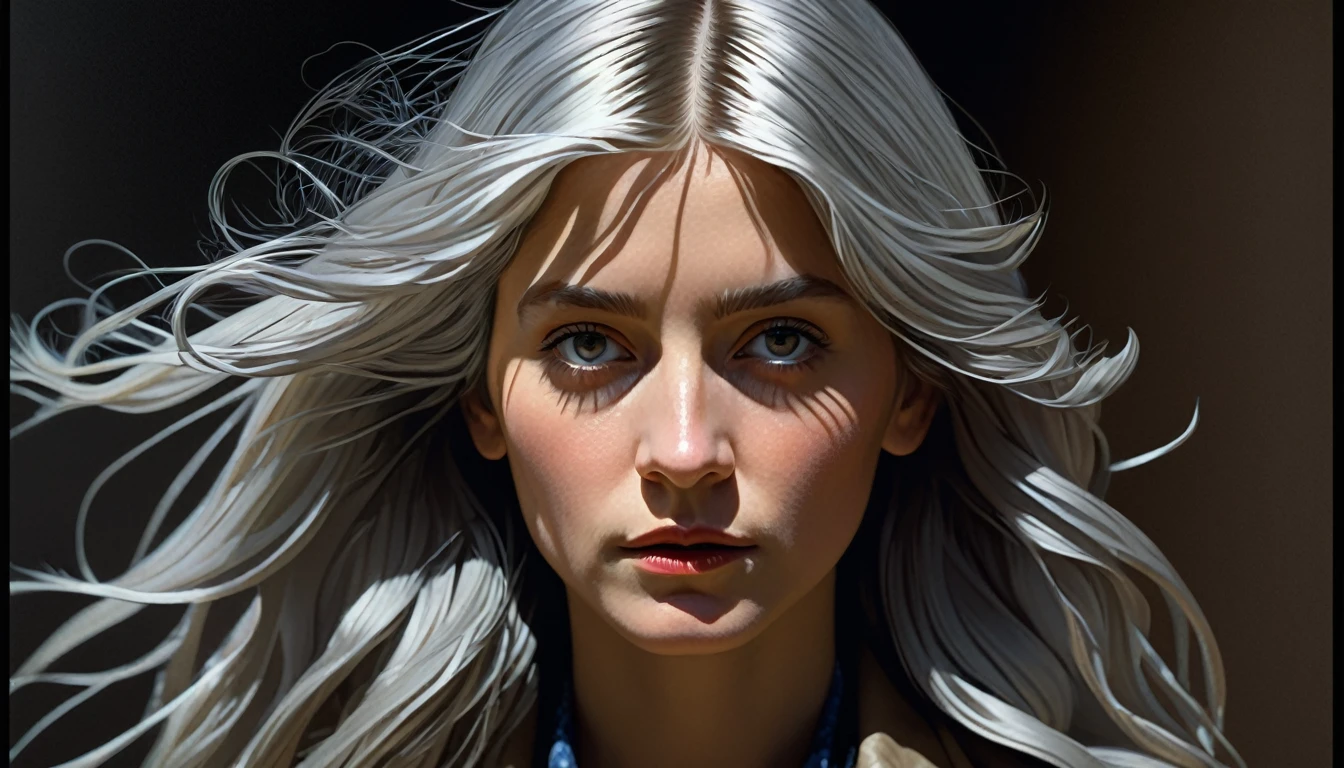 (Front Focus), (In the Dark:1.6), Hyperrealist Female Portrait by David Hockney and Alphonse Mucha, Fantasy art, Photorealistic, Dynamic Lighting, Art Station, Poster, Volumetric lighting, Highly detailed face, 4k yen, Awards, One person, In the Dark, Deep Shadow, Modest, Cowboy Shot, (Official attire:1.4), Long Hair, Gray Hair