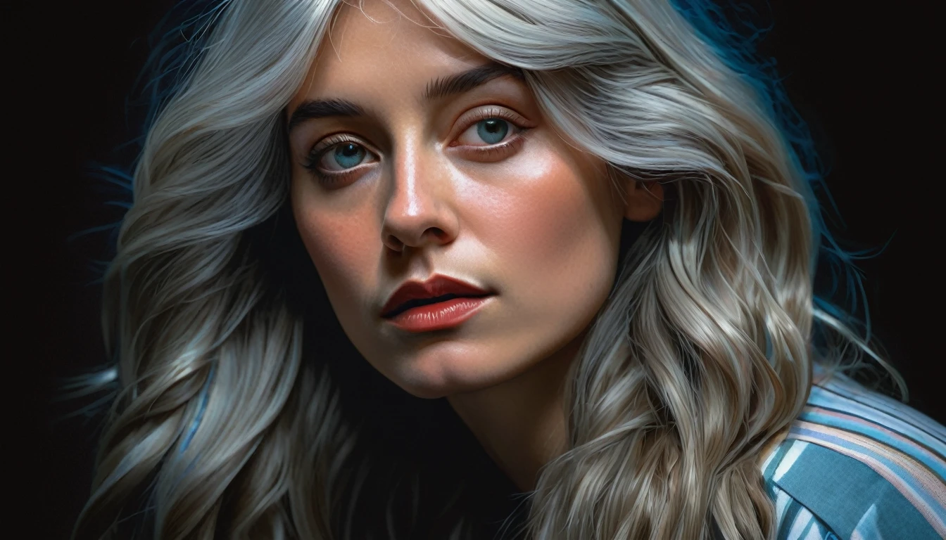(Front Focus), (In the Dark:1.6), Hyperrealist Female Portrait by David Hockney and Alphonse Mucha, Fantasy art, Photorealistic, Dynamic Lighting, Art Station, Poster, Volumetric lighting, Highly detailed face, 4k yen, Awards, One person, In the Dark, Deep Shadow, Modest, Cowboy Shot, (Official attire:1.4), Long Hair, Gray Hair