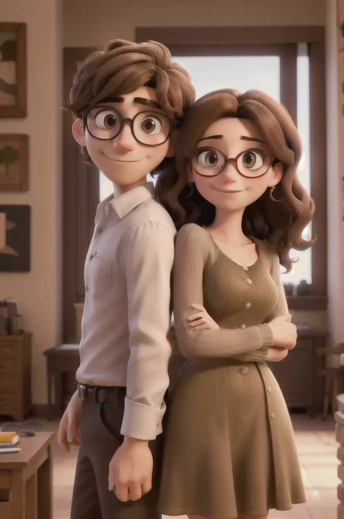 work of art, best qualityer, Couple of lovers embracing, he has dark blonde hair brown eyes and round glasses, she has dark red wavy hair dark brown eyes and olive skin